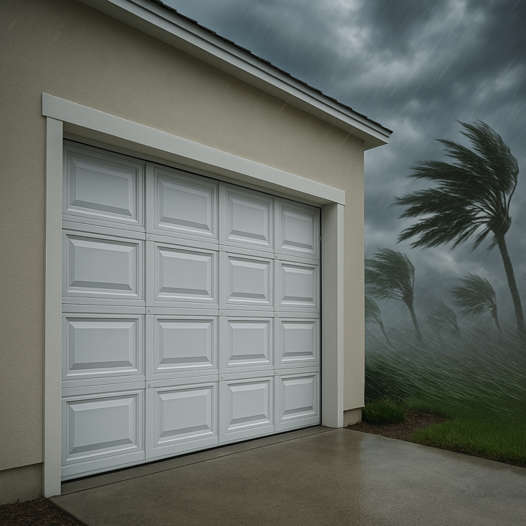 Reinforced hurricane-rated garage door in Jacksonville home with high winds in background