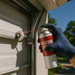 Homeowner lubricating garage door rollers in Texas heat to prevent sticking