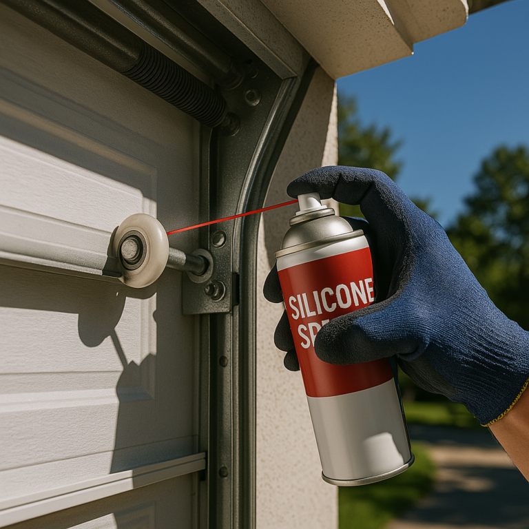 Homeowner lubricating garage door rollers in Texas heat to prevent sticking