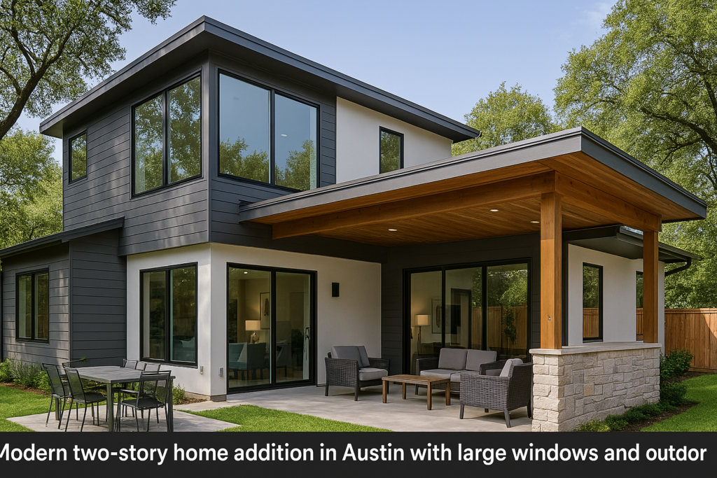 Modern two-story home addition in Austin with large windows and outdoor living space