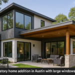 Modern two-story home addition in Austin with large windows and outdoor living space