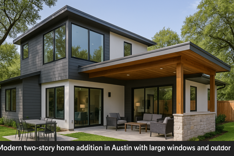 Modern two-story home addition in Austin with large windows and outdoor living space