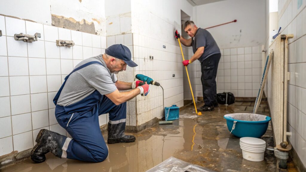 men fixing bathroom water damage