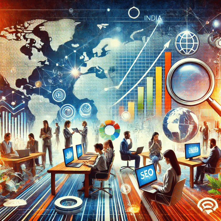 DALL·E 2024-11-20 16.10.07 - A visually striking digital illustration representing an 'SEO Company in India.' The image features elements such as a modern office setting with dive