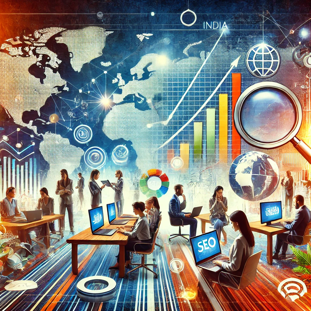 DALL·E 2024-11-20 16.10.07 - A visually striking digital illustration representing an 'SEO Company in India.' The image features elements such as a modern office setting with dive