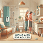 DALL·E 2025-04-10 12.58.51 - A heartwarming and realistic image depicting 'living aids for adults'. The scene features a cozy home setting where an adult is using various assistiv