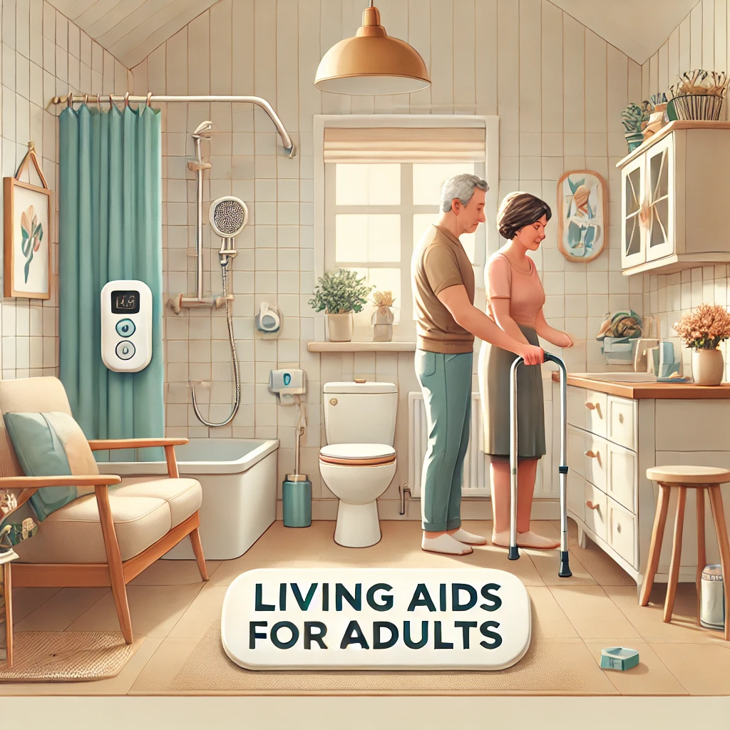 DALL·E 2025-04-10 12.58.51 - A heartwarming and realistic image depicting 'living aids for adults'. The scene features a cozy home setting where an adult is using various assistiv
