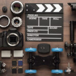 Flat lay of filmmaking equipment with camera gear, lenses, clapperboard, memory cards, and stabilizer on a wooden surface.