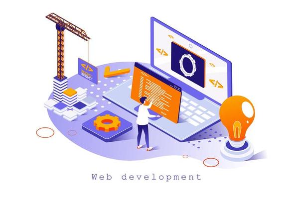 web-development-concept-in-3d-isometric-design-designer-works-with-code-interface-engineering-programming-settings-and-optimizes-pages-template-with-people-scene-illustration-for-webpage-vector