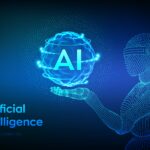 AI. Artificial intelligence. Wireframe robot. AI in robotic hand. Machine learning and cyber mind domination concept. Technology sci-fi concept. Graphic design concept of future. Vector illustration.