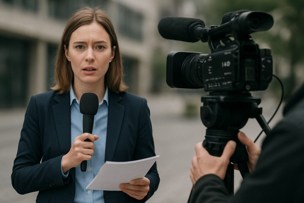 A female news reporter in a navy blazer holds a microphone and a sheet of paper while being filmed by a cameraman