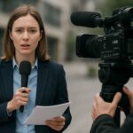 A female news reporter in a navy blazer holds a microphone and a sheet of paper while being filmed by a cameraman