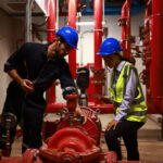 System engineer and Technician check fire Extinguishing System Piping and Pump