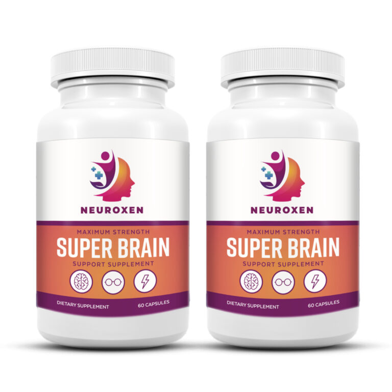Bottle of Neuroxen brain health support supplement alongside natural cognitive-enhancing ingredients like walnuts and blueberries, presented on a clean background.