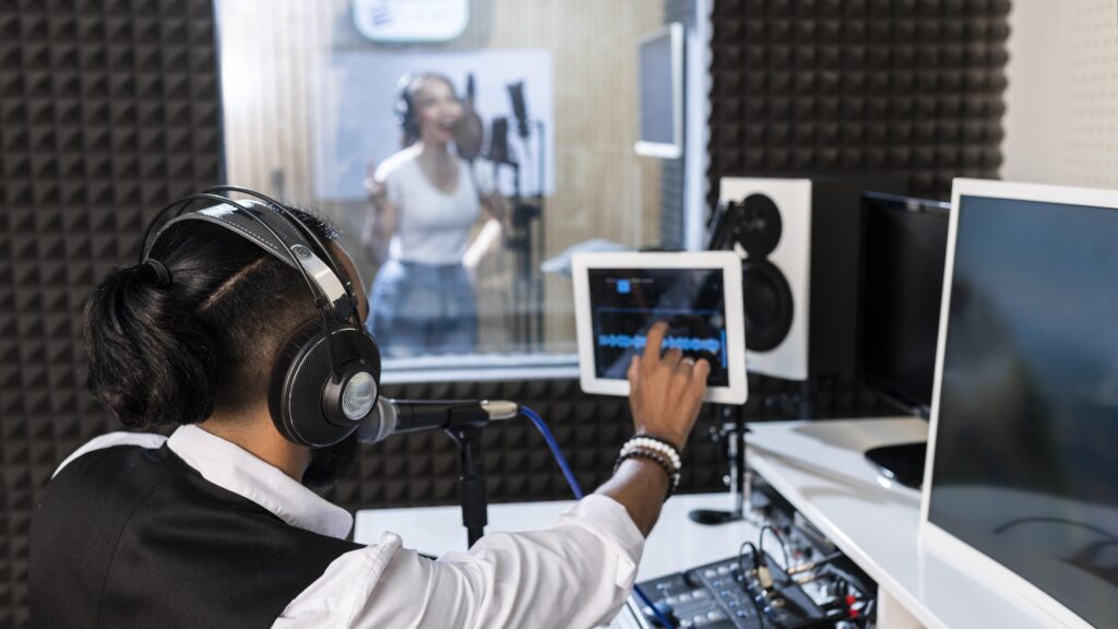 young-man-recording-woman-singing-radio-station