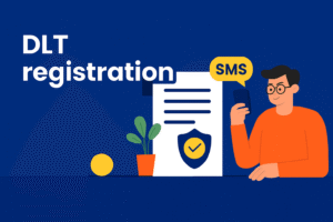 Illustration of a man holding a smartphone with an SMS bubble, next to a document featuring a shield and checkmark, symbolizing DLT registration for bulk SMS in India. Includes modern flat design elements and a dark blue background.