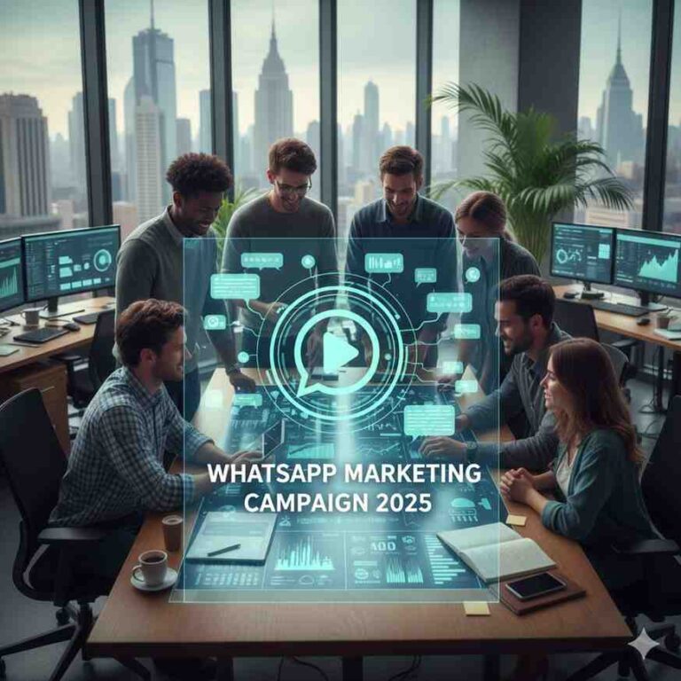 A team in a modern office discusses a "WhatsApp Marketing Campaign 2025" projected as a glowing hologram with data and a WhatsApp icon.