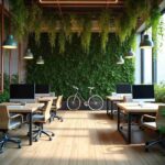 Modern eco-friendly office interior showcasing sustainable design elements, natural lighting, and vertical greenery — a perfect example of a Green Building concept.
