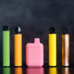 A set of colorful disposable electronic cigarettes of different