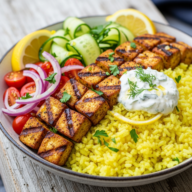 Crispy Tofu Souvlaki Bowl with Lemon Rice Recipe