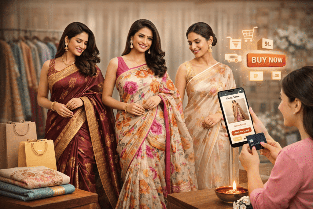 Art silk saree with printed design and floral tissue silk detailing