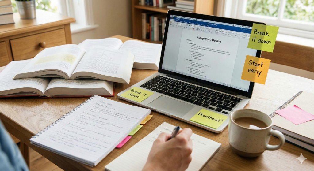 A realistic view of a student's workspace featuring a laptop, open textbooks, and sticky notes, illustrating effective assignment writing tips for academic success.