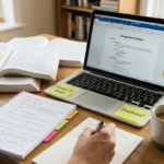 A realistic view of a student's workspace featuring a laptop, open textbooks, and sticky notes, illustrating effective assignment writing tips for academic success.