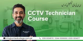 A man with a beard smiles confidently, wearing a dark uniform. The background features CCTV equipment. Text reads "CCTV Technician Course" with contact details.