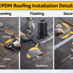 EPDM roofing installation details showing seaming, flashing around penetrations, and membrane securing methods