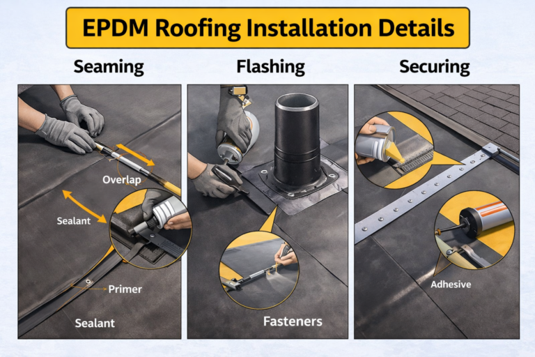 EPDM roofing installation details showing seaming, flashing around penetrations, and membrane securing methods