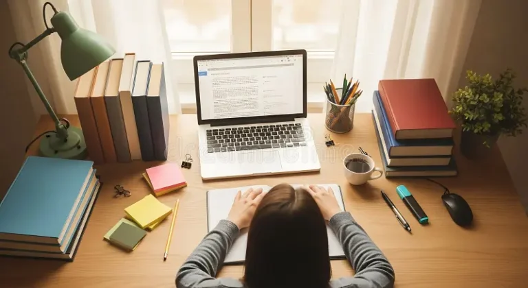 Top-down view of an exhausted student resting their head on a desk surrounded by books and a laptop, illustrating the need for professional UK assignment help services.