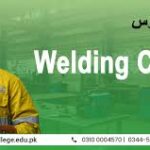 Smiling man in a yellow welding jacket and helmet on a green background with text "Welding Course" and contact information at the bottom.