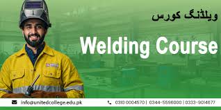 Smiling man in a yellow welding jacket and helmet on a green background with text "Welding Course" and contact information at the bottom.