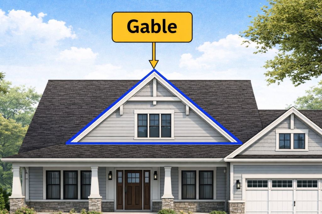 Diagram showing what is a gable on a house, highlighting the triangular wall section beneath a gable roof