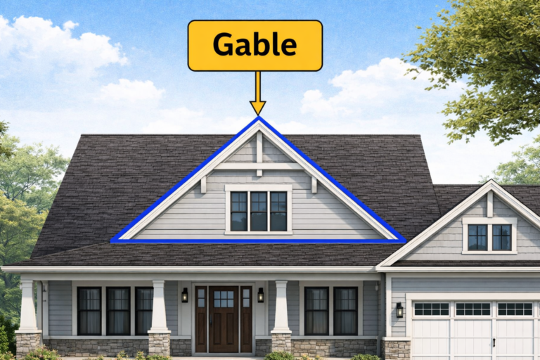 Diagram showing what is a gable on a house, highlighting the triangular wall section beneath a gable roof
