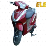 Red ELESCO electric scooter with white graphics, black seat, alloy wheels, and front headlight, displayed against a light dotted background.