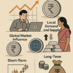 Illustration showing silver coins, jewellery, and trading charts representing silver price fluctuations in India, with the title "Today’s Silver Rate in India: How Daily Price Changes Impact Investors".