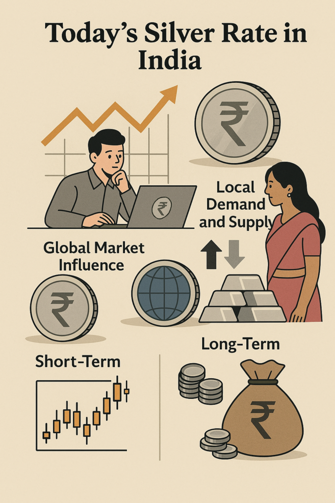Illustration showing silver coins, jewellery, and trading charts representing silver price fluctuations in India, with the title "Today’s Silver Rate in India: How Daily Price Changes Impact Investors".