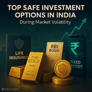 A cinematic financial illustration showing gold bars, RBI bonds, life insurance, and fixed deposits as safe investment options in India during market volatility. A downward-trending graph and city skyline appear in the background.