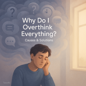 A person sits thoughtfully indoors with swirling abstract thought clouds above their head containing symbols like question marks, clocks, checklists, and speech bubbles. Soft sunlight enters through a window, gradually calming the chaotic thoughts.