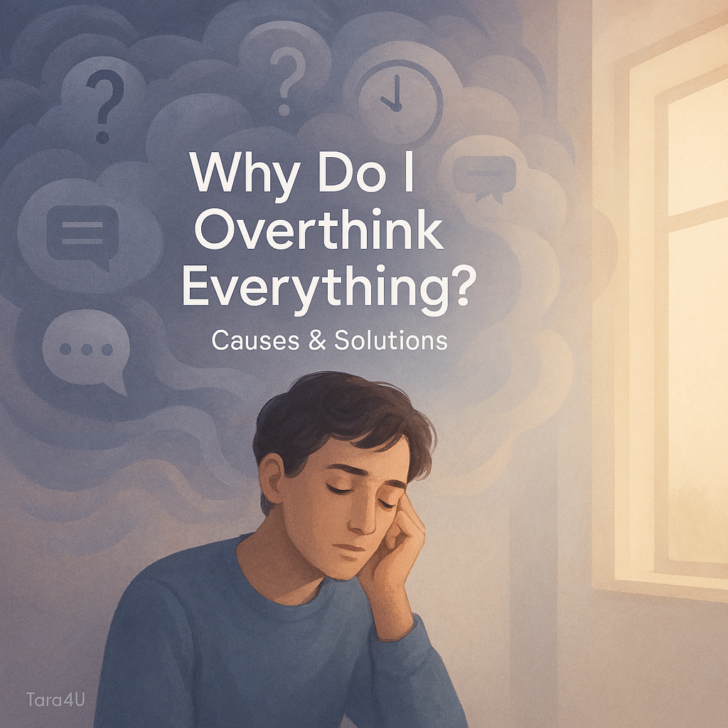 A person sits thoughtfully indoors with swirling abstract thought clouds above their head containing symbols like question marks, clocks, checklists, and speech bubbles. Soft sunlight enters through a window, gradually calming the chaotic thoughts.