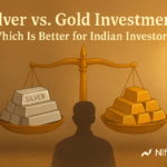 A balanced scale with silver bars on one side and gold bars on the other, symbolizing investment comparison. An Indian investor silhouette stands in the center, with warm light entering from a window. Text reads “Silver vs. Gold Investment: Which Is Better for Indian Investors?” and branding “Nifty Trader” appears in the corner.