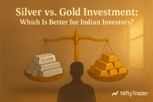 A balanced scale with silver bars on one side and gold bars on the other, symbolizing investment comparison. An Indian investor silhouette stands in the center, with warm light entering from a window. Text reads “Silver vs. Gold Investment: Which Is Better for Indian Investors?” and branding “Nifty Trader” appears in the corner.