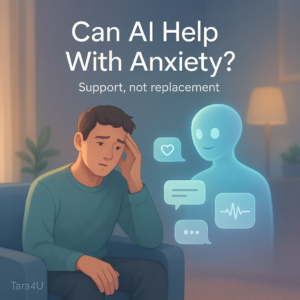 A person sits calmly in a softly lit room, appearing slightly overwhelmed. In front of them, a gentle holographic AI assistant glows with chat bubbles and calming icons. The scene is warm and reassuring, with soft blues and lavender tones.