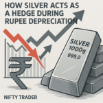 Illustration showing silver bars rising in value while the Indian rupee depreciates, with financial chart elements and a watermark reading “Nifty Trader” in the bottom-left corner.
