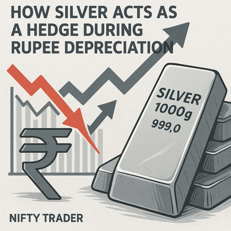 Illustration showing silver bars rising in value while the Indian rupee depreciates, with financial chart elements and a watermark reading “Nifty Trader” in the bottom-left corner.