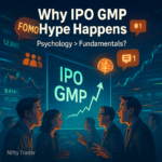 Illustration of investors watching a glowing IPO GMP screen with psychological icons like FOMO, social proof, and media buzz overlays in a stock exchange setting.