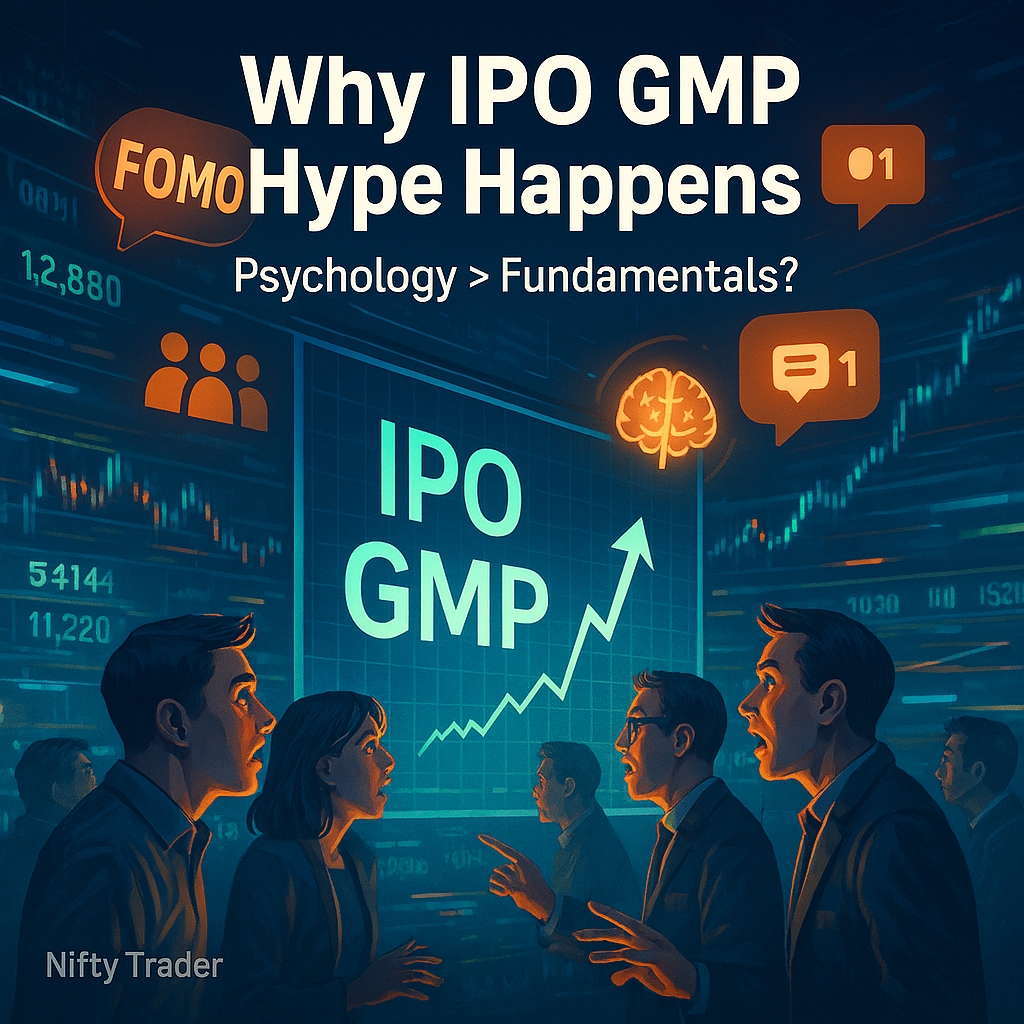 Illustration of investors watching a glowing IPO GMP screen with psychological icons like FOMO, social proof, and media buzz overlays in a stock exchange setting.