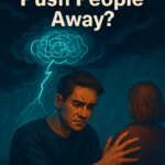 A distressed man pushes someone away as storm clouds and glowing thought bubbles swirl above, symbolizing emotional turmoil and self-isolation.