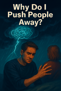 A distressed man pushes someone away as storm clouds and glowing thought bubbles swirl above, symbolizing emotional turmoil and self-isolation.
